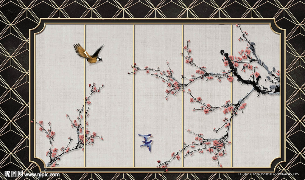 铁艺手绘梅花飞鸟立体背景墙