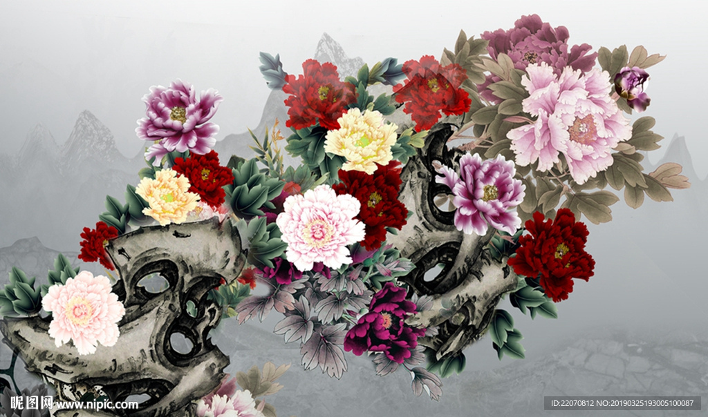 新中式富贵牡丹立体花背景墙