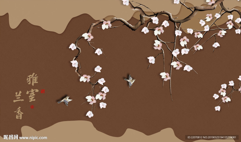 新中式花工笔花鸟玉兰背景墙