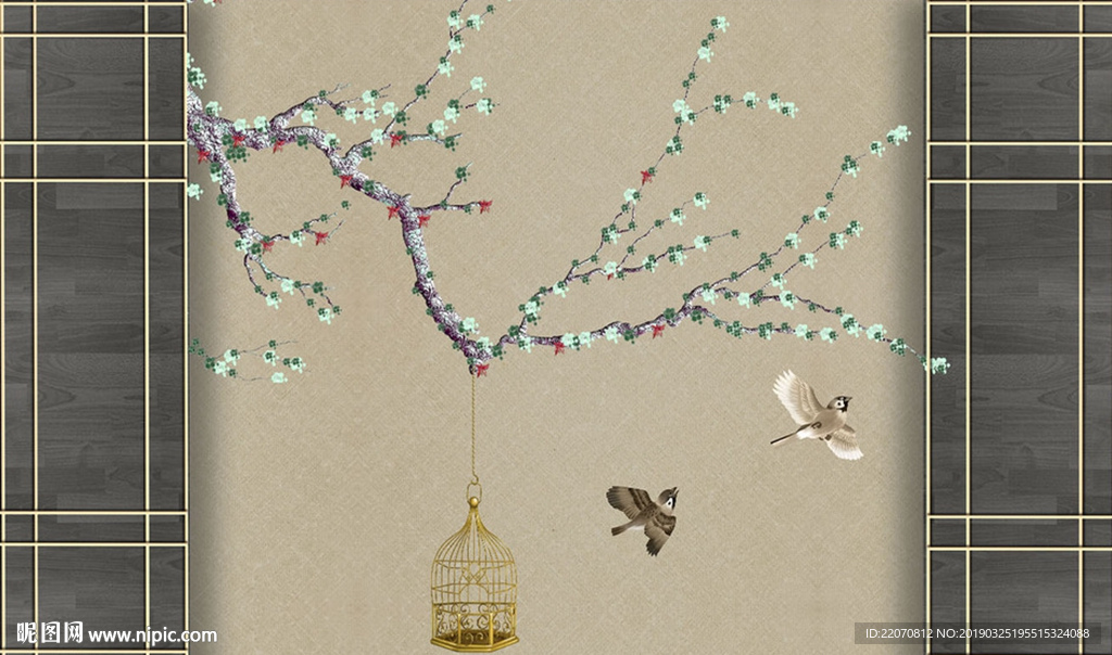 新中式金属鸟笼花鸟隔断背景墙