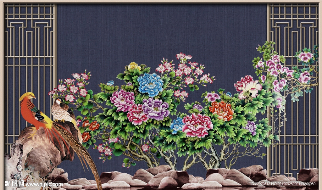 中式花卉富贵花开花鸟背景墙