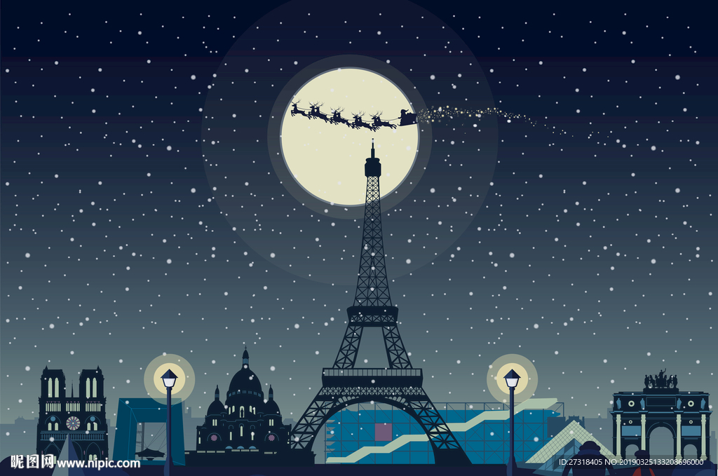 手绘法国巴黎城市夜景矢量图