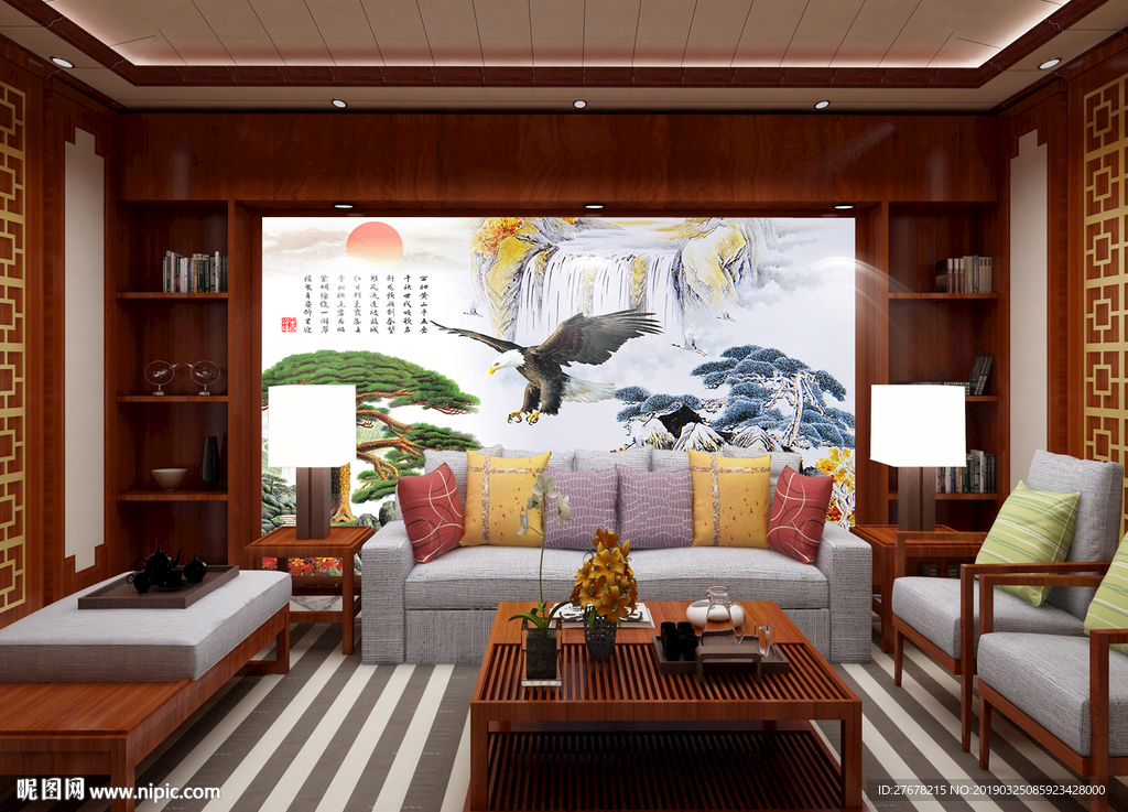 山水水墨迎客松背景墙