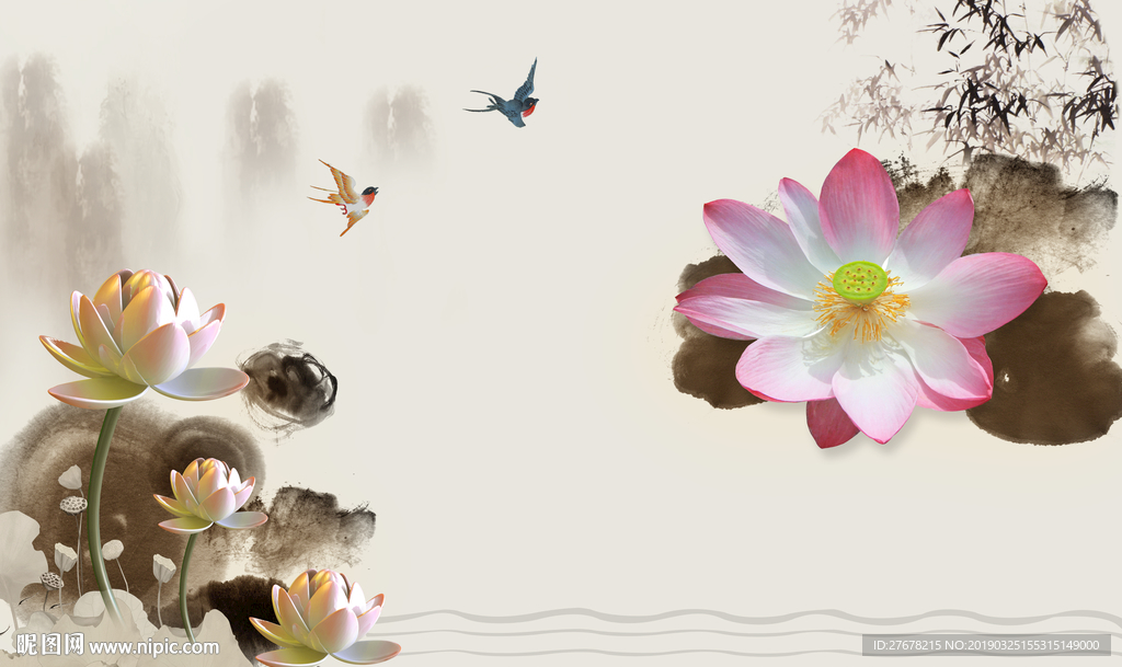 水墨荷花背景墙