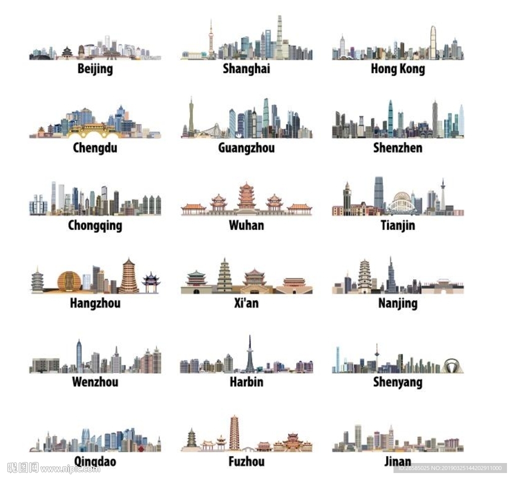中国十八个景点城市矢量图