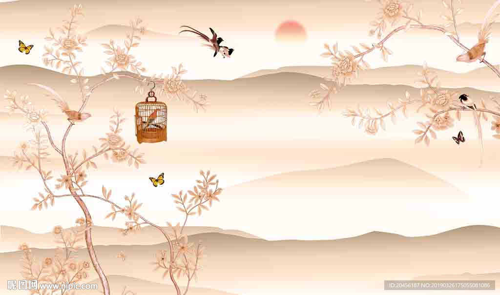 新中式水墨花鸟花枝背景墙