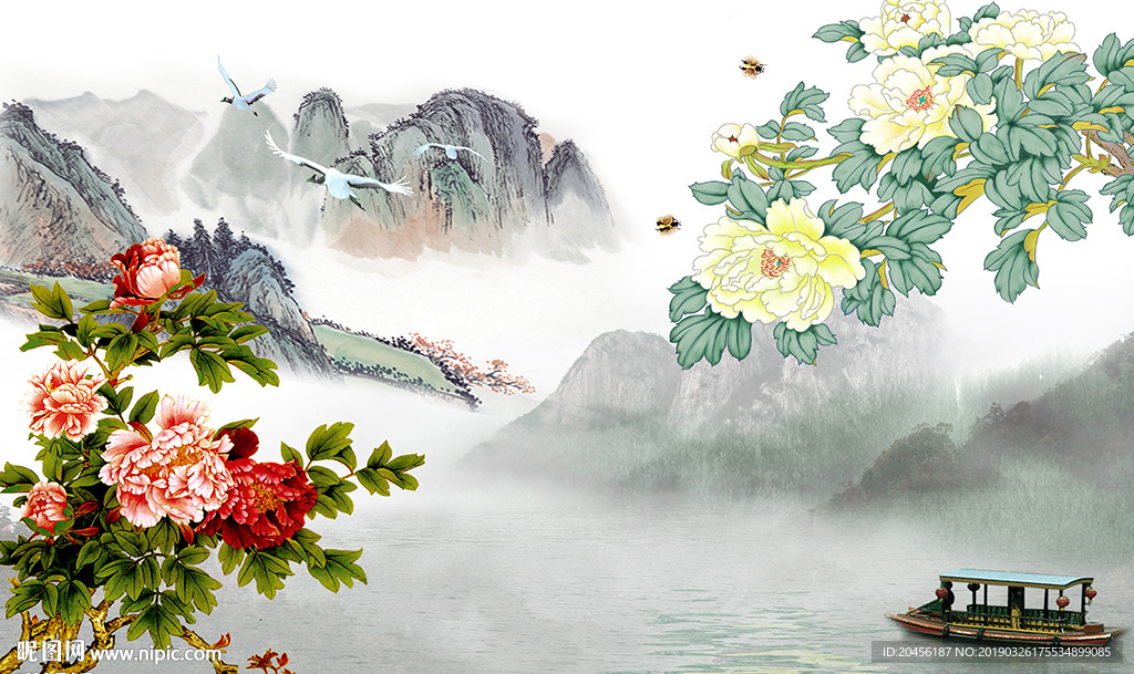 山水水墨牡丹背景墙