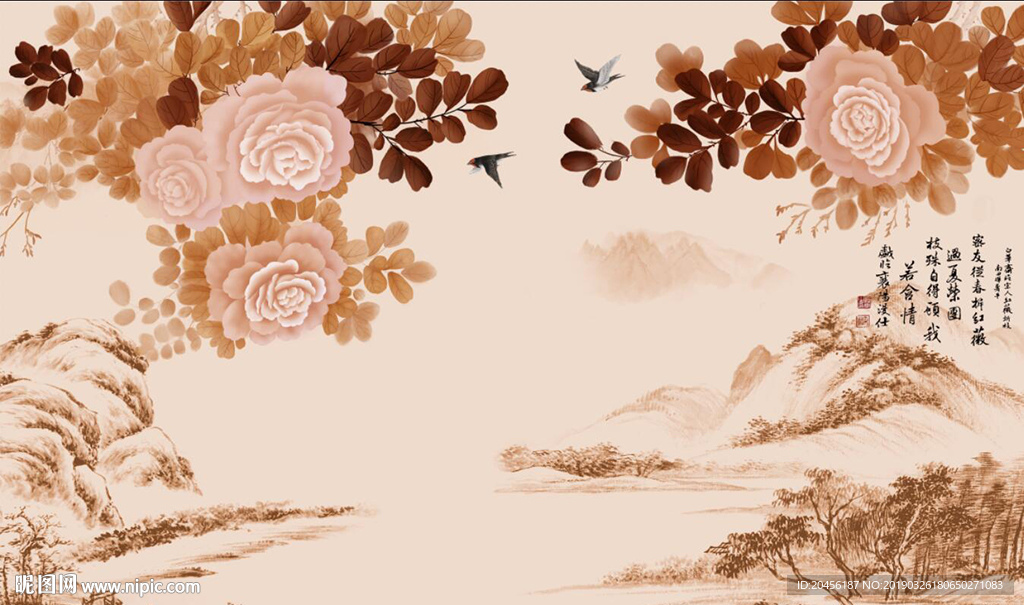 新款大理石牡丹山水背景墙