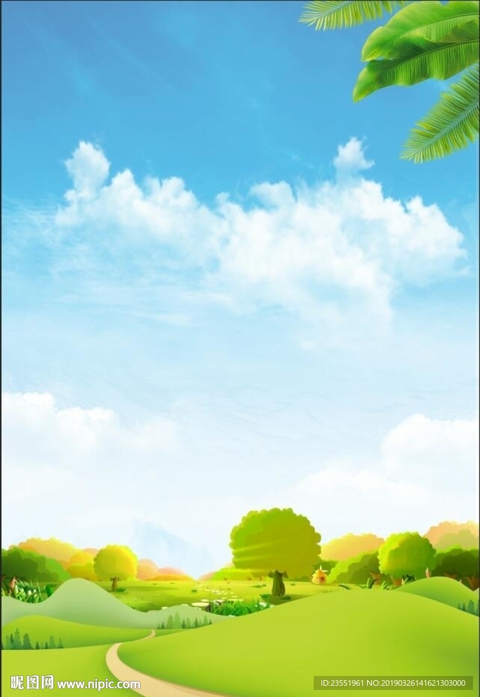蓝天白云绿草地背景