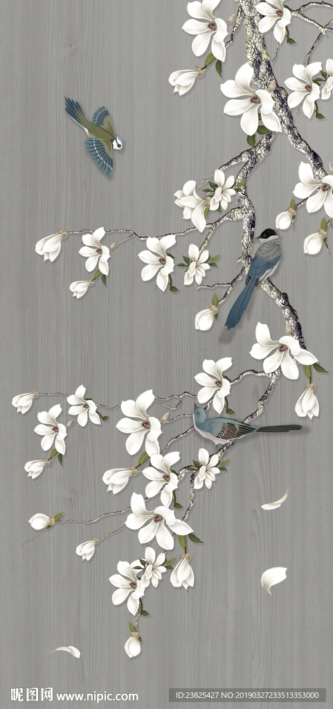 新中式手绘玉兰花鸟玄关背景墙