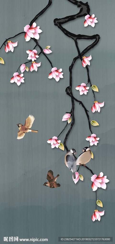 新中式手绘工笔玉兰花鸟玄关背景