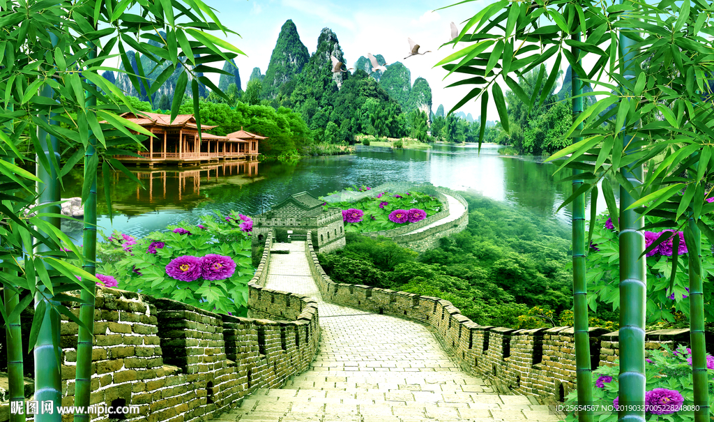 花鸟山水国画风景画背景墙