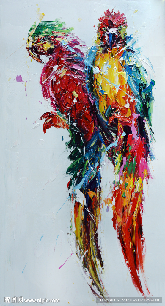 油画手绘刀画一对鹦鹉玄关背景墙