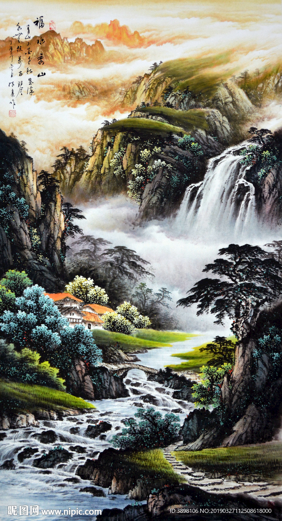 水墨工笔山水瀑布流水玄关背景墙