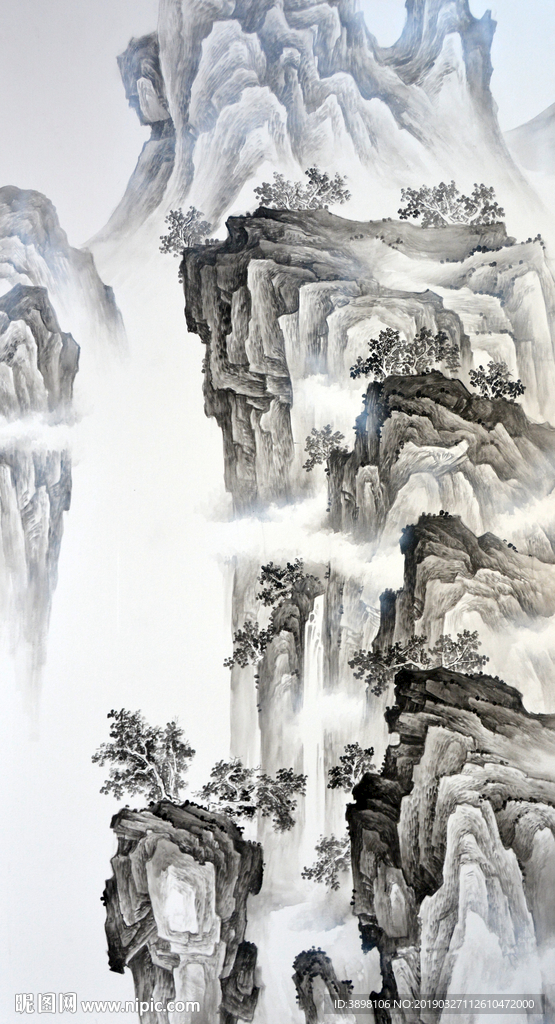 手绘水墨山水玄关背景墙