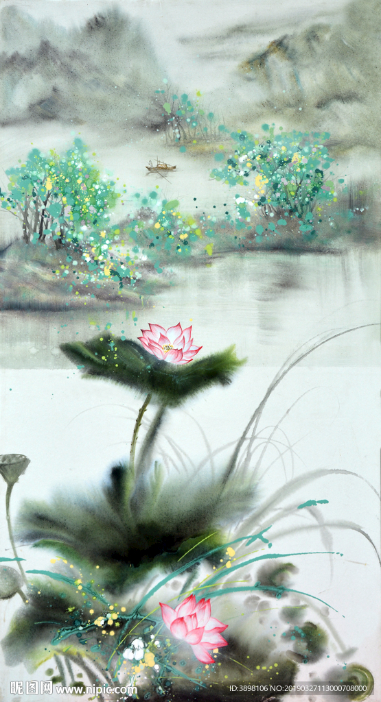 山水荷花玄关装饰画