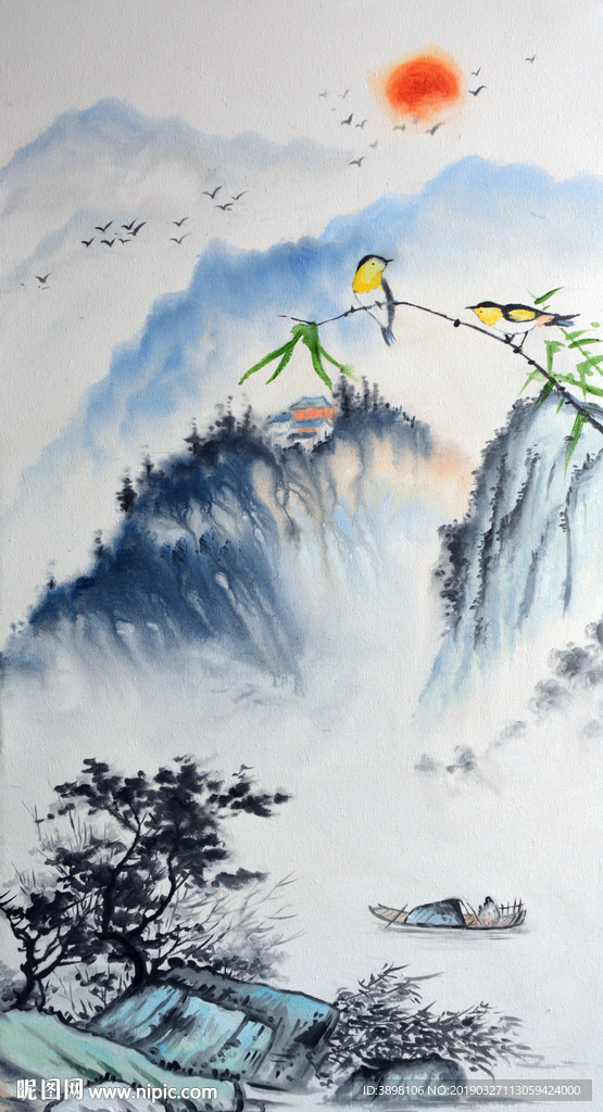 艺术手绘新中式山水玄关背景墙