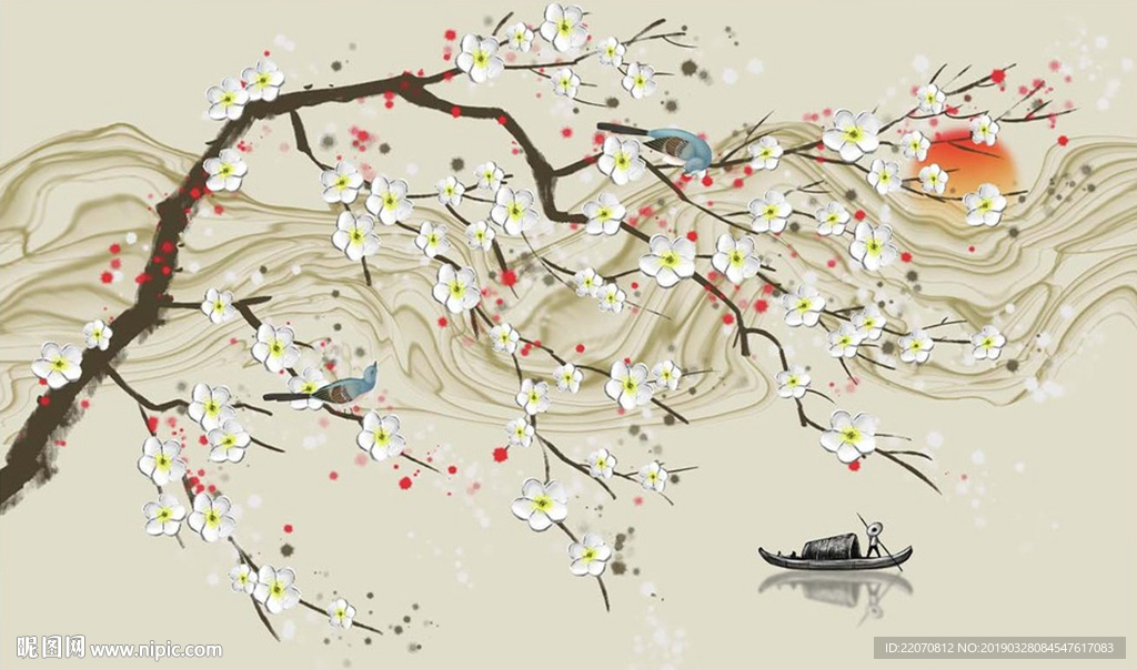 新中式花鸟水墨山水背景墙
