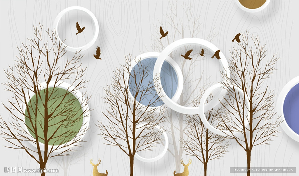 立体圆圈树林金色鹿背景墙