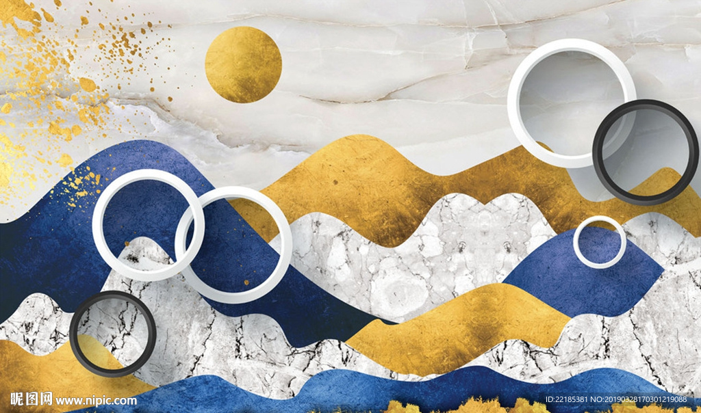 立体圆圈金色山金箔大理石背景墙