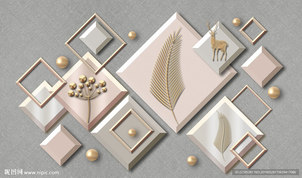 抽象几何图形金色叶子麋鹿背景墙