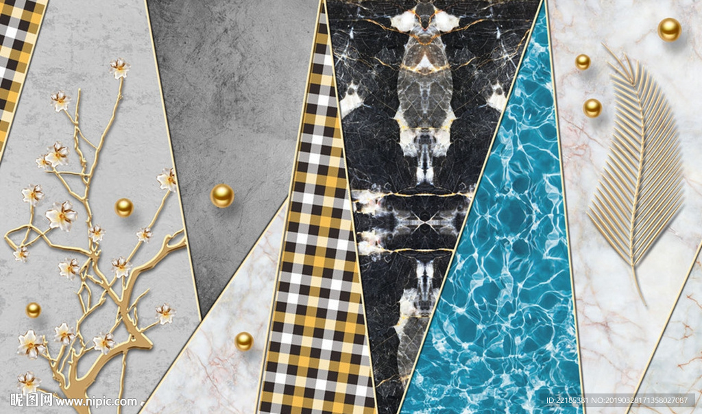 几何珍珠格子花枝金色叶子背景墙