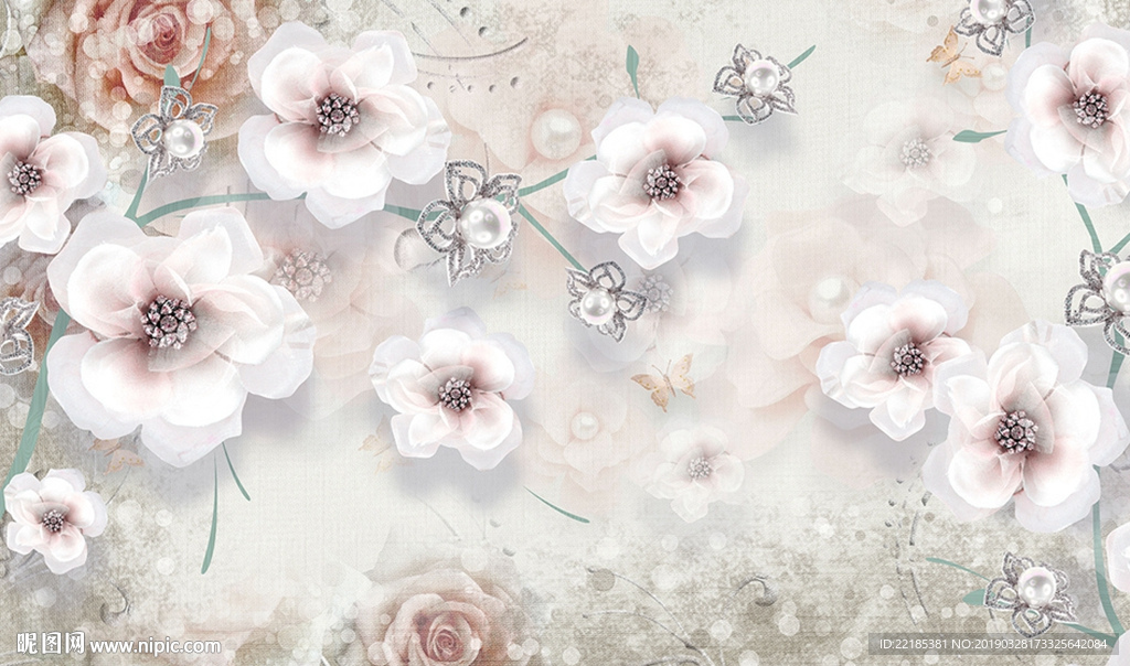 现代艺术白色花朵卧室背景墙