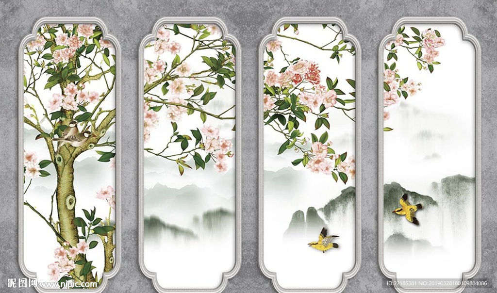 手绘花鸟水墨山水立体背景墙