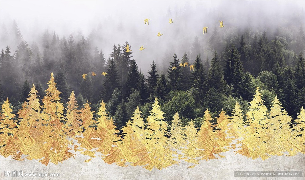 简约手绘金色树林飞鸟抽象背景墙
