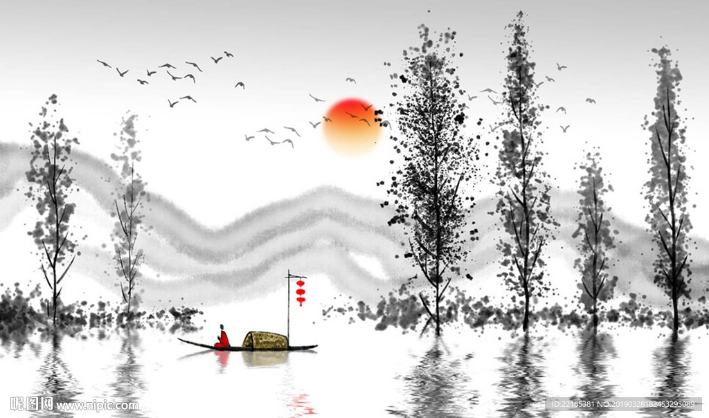 新中式禅意水墨山水画背景墙