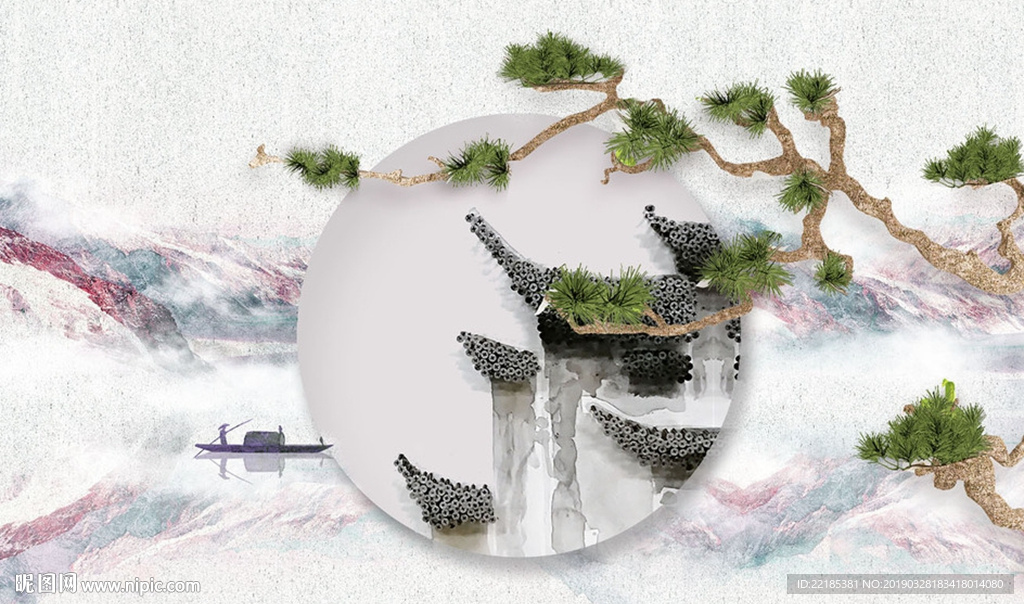山水屋檐松枝浮雕背景墙