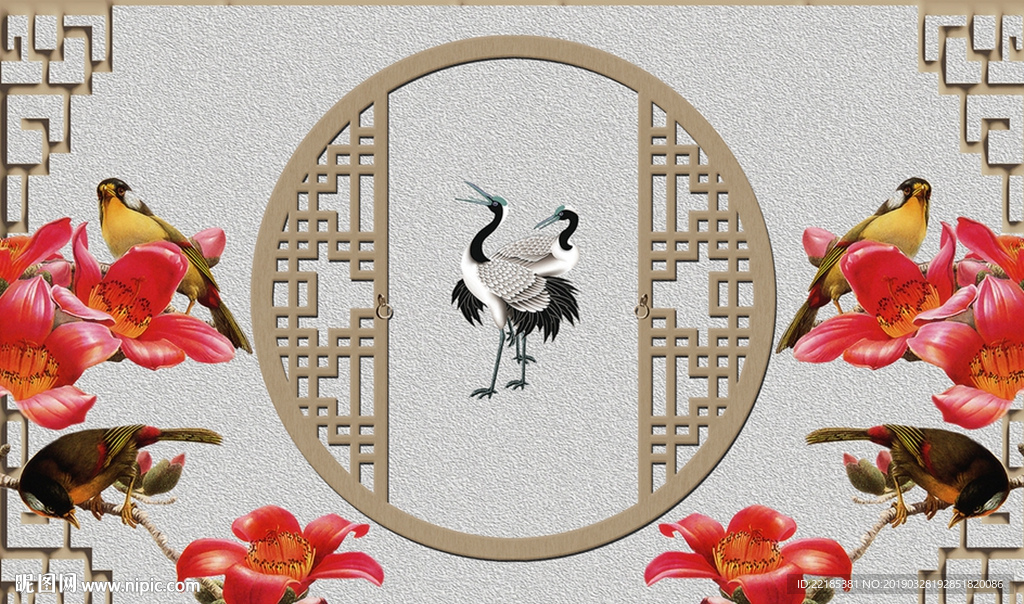 白鹤红花背景墙
