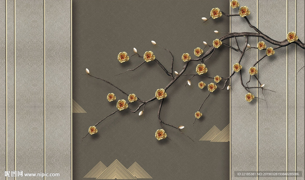 中式禅意抽象山峰花枝背景墙