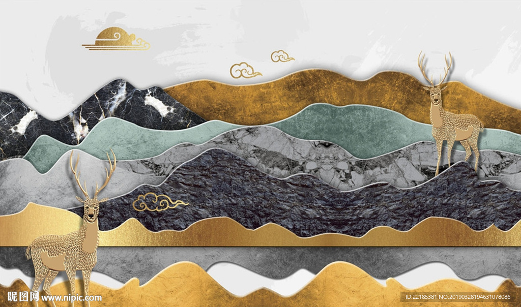 金色大理石几何山麋鹿祥云背景墙