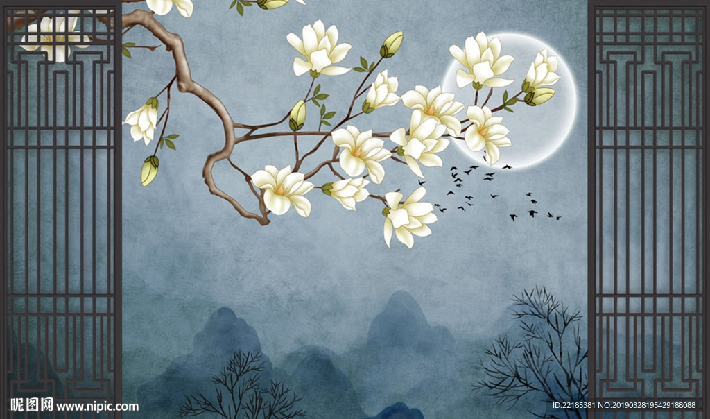 意境玉花枝花朵门框复古背景墙