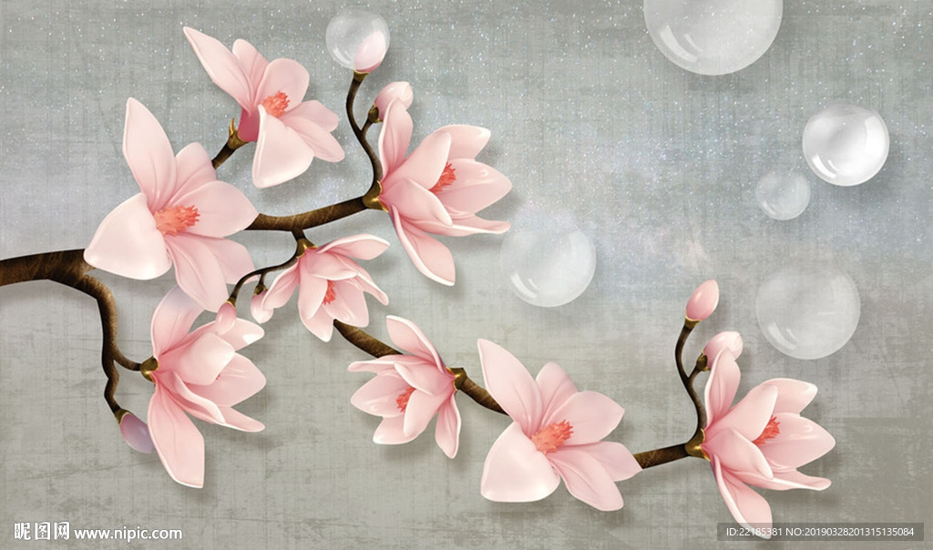 粉色玉兰花树枝水滴灰色背景墙