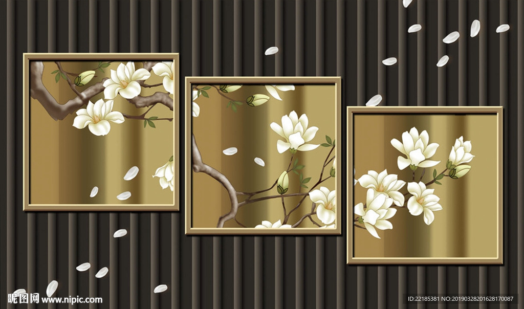 金色几何玉兰花黑色时尚背景墙