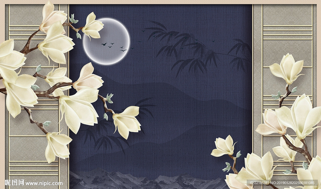 中式立体玉兰花旭日意境电视背景