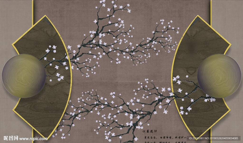 中式手绘玉兰花鸟背景墙