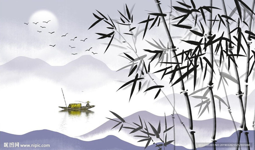 中式水墨竹子山水背景墙