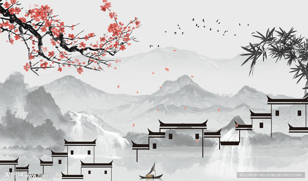 徽派古建筑梅花竹子瀑布背景墙