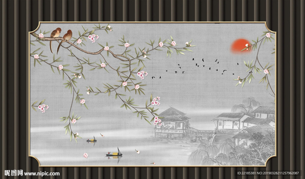 中式意境花枝鸟房屋鸟太阳背景墙