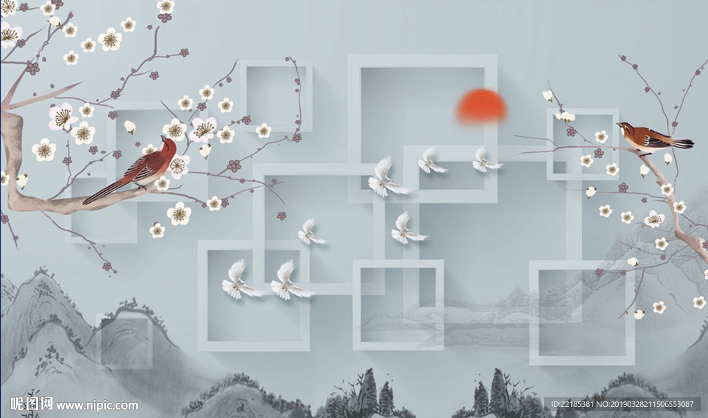 山水风景花枝鸟立体背景墙