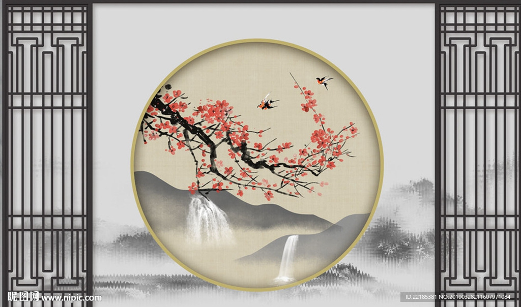 水墨山梅花花枝瀑布背景墙