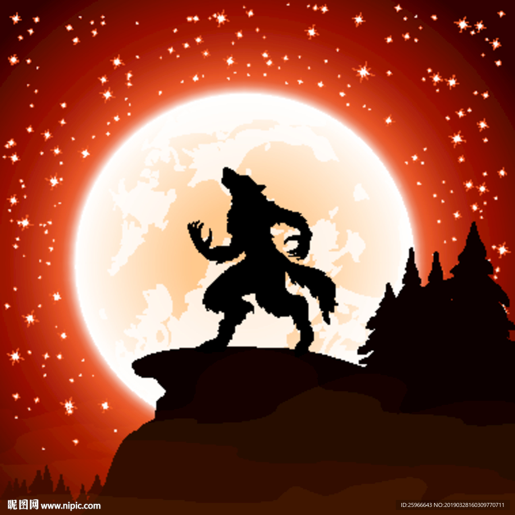 狼人月夜狼人杀插画矢量图