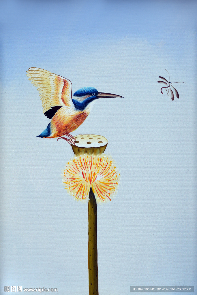 手绘艺术翠鸟莲子装饰画