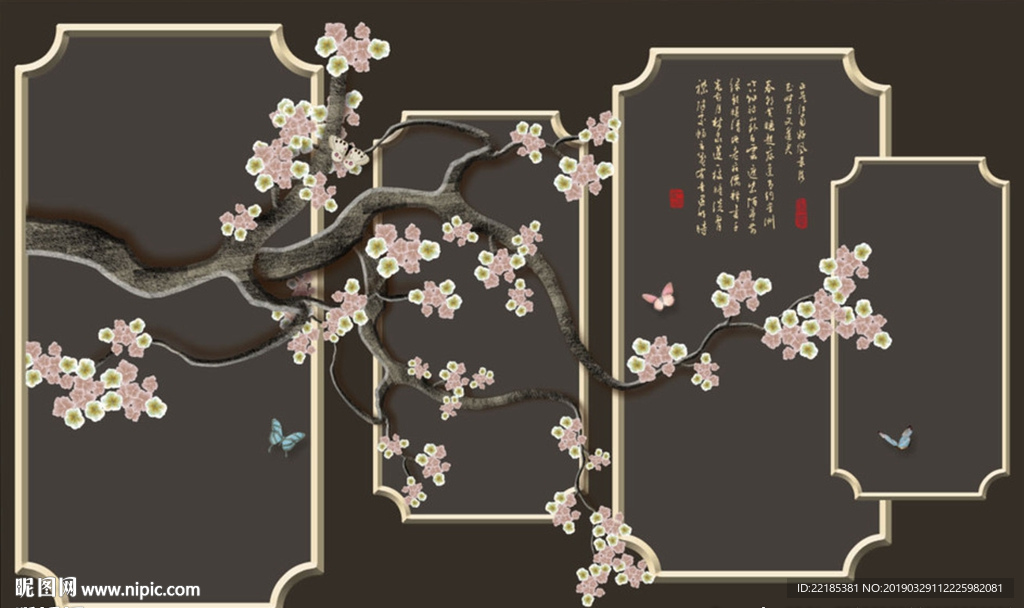 工笔梅花花鸟背景墙