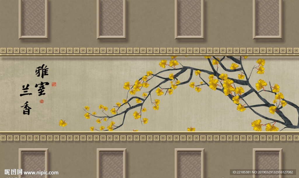 工笔花鸟古风背景墙