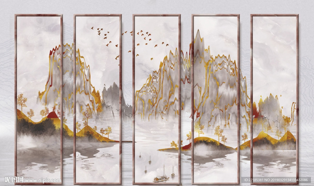 简约抽象山水鎏金水墨背景墙