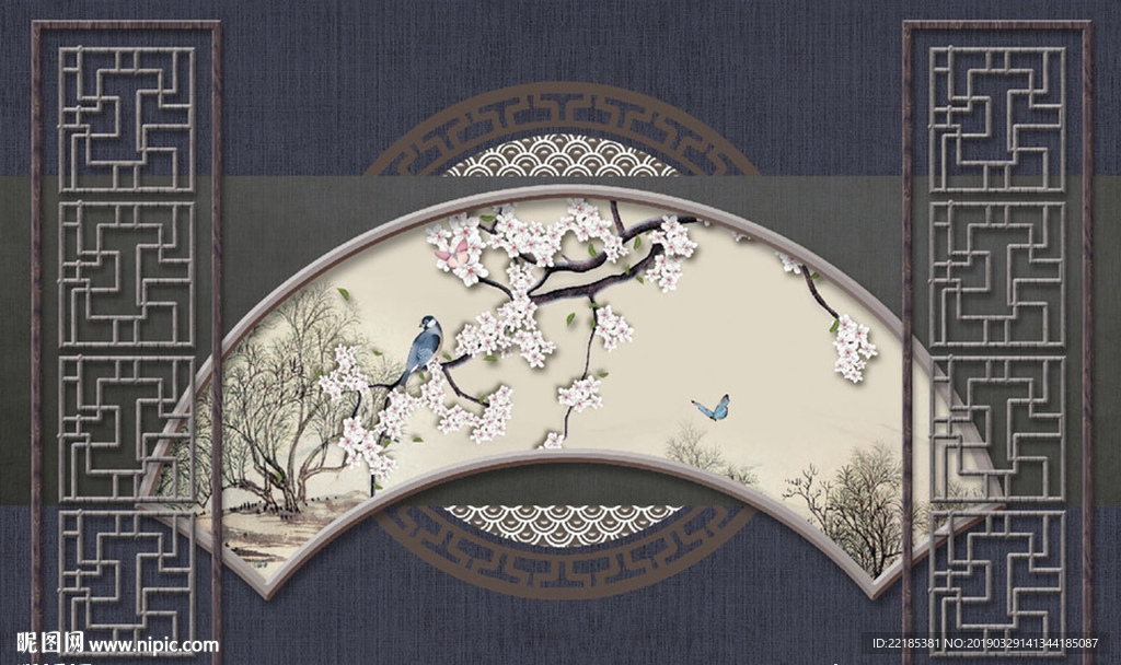 扇形手绘中式工笔花鸟背景墙